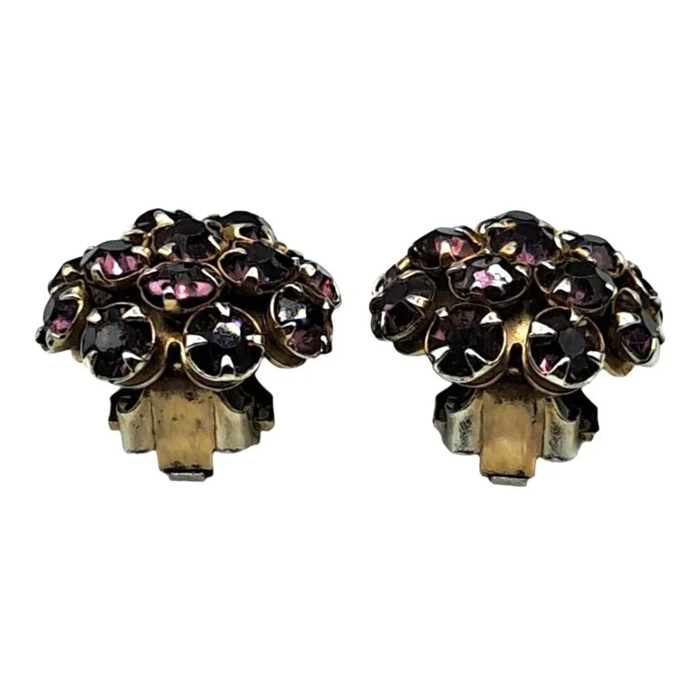 Vintage Purple Rhinestone Earr Gold-Tone Clip-On Earrings With Purple Rhinestone